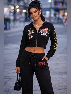 Ed Hardy Black Love Kills Slowly Skull Sweatsuit Set | Black S